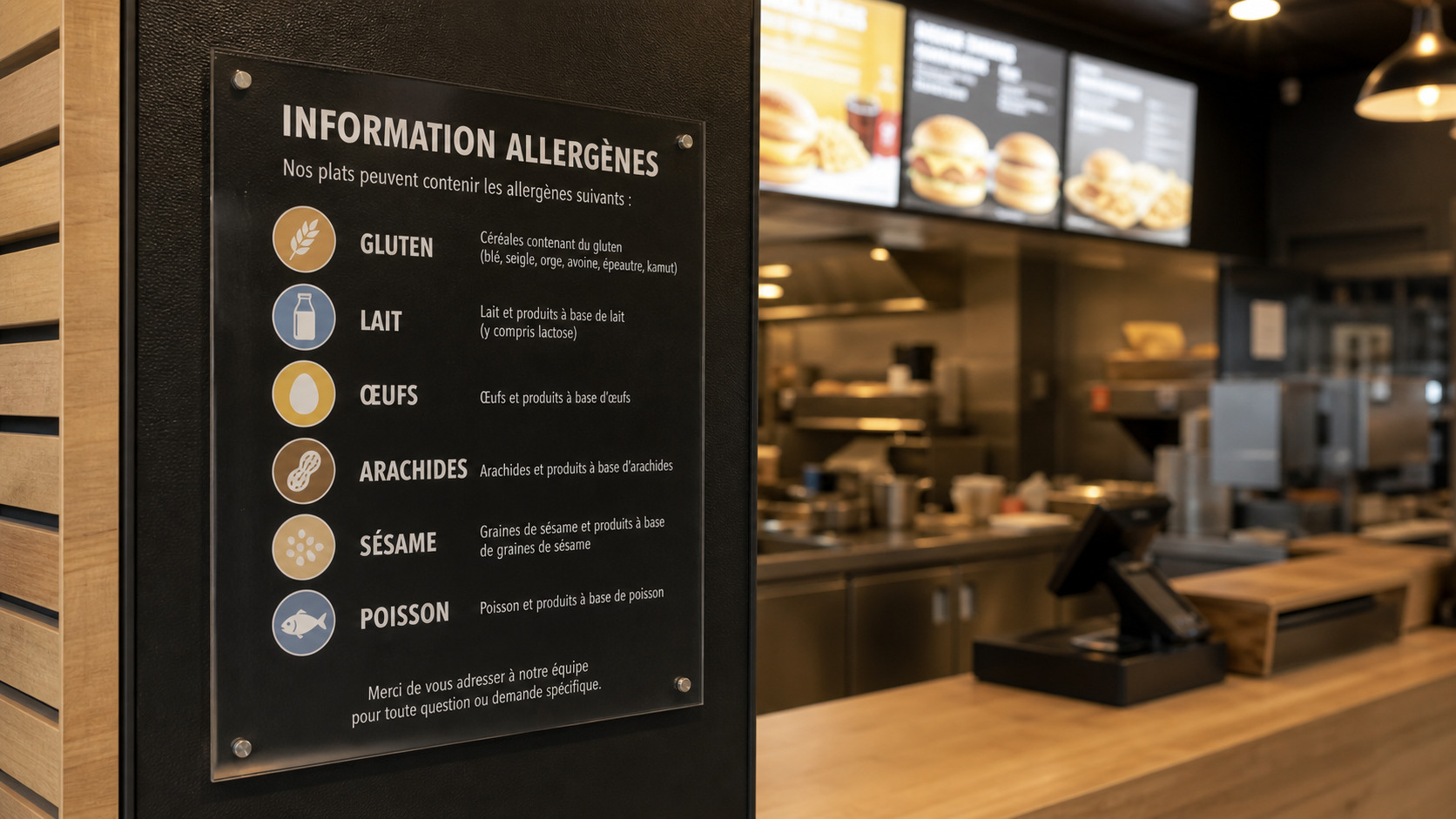 Tableau des allergènes affiché près du comptoir d'un fast-food
