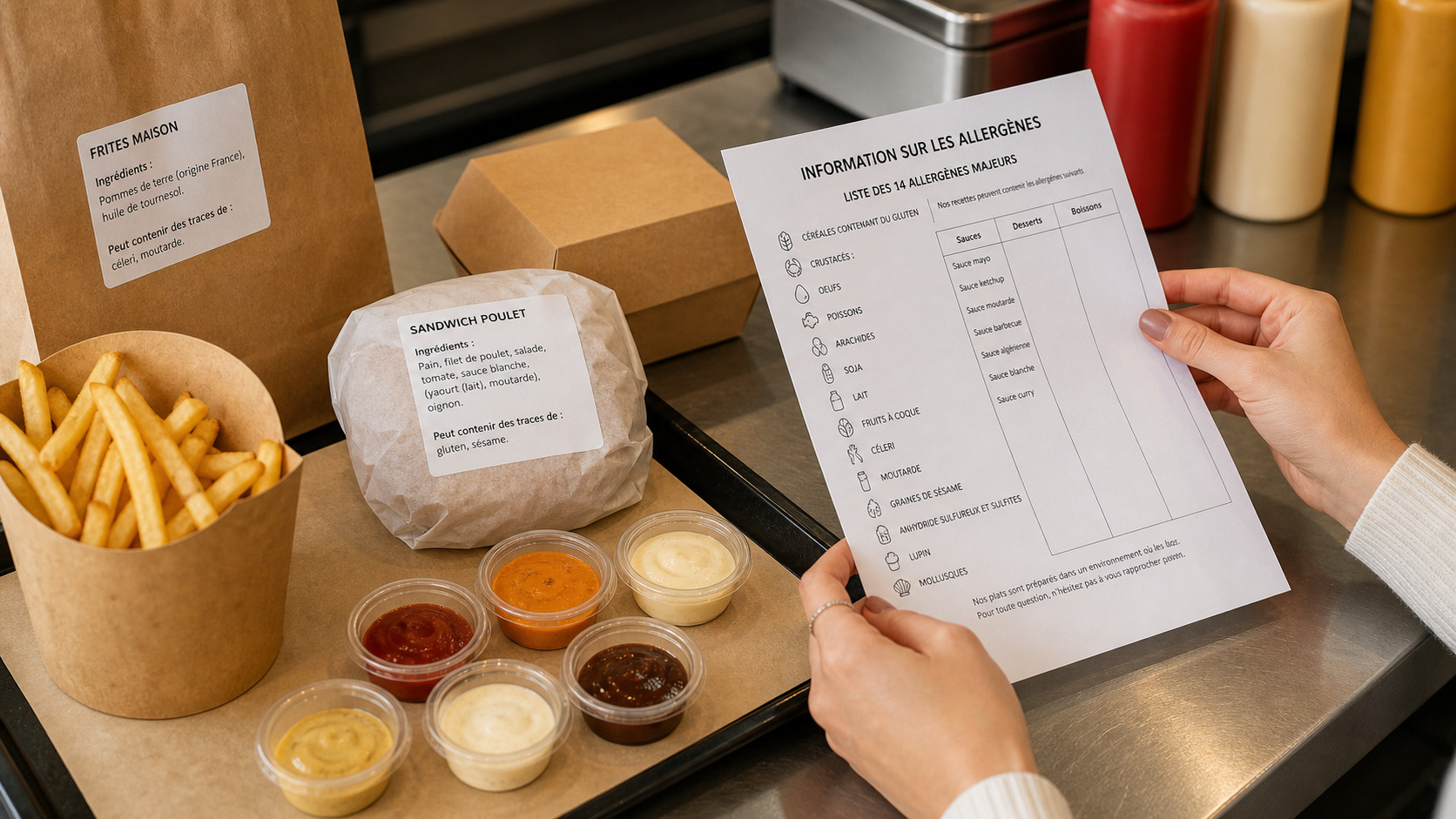 Sauces et emballages de fast-food avec étiquettes d'ingrédients