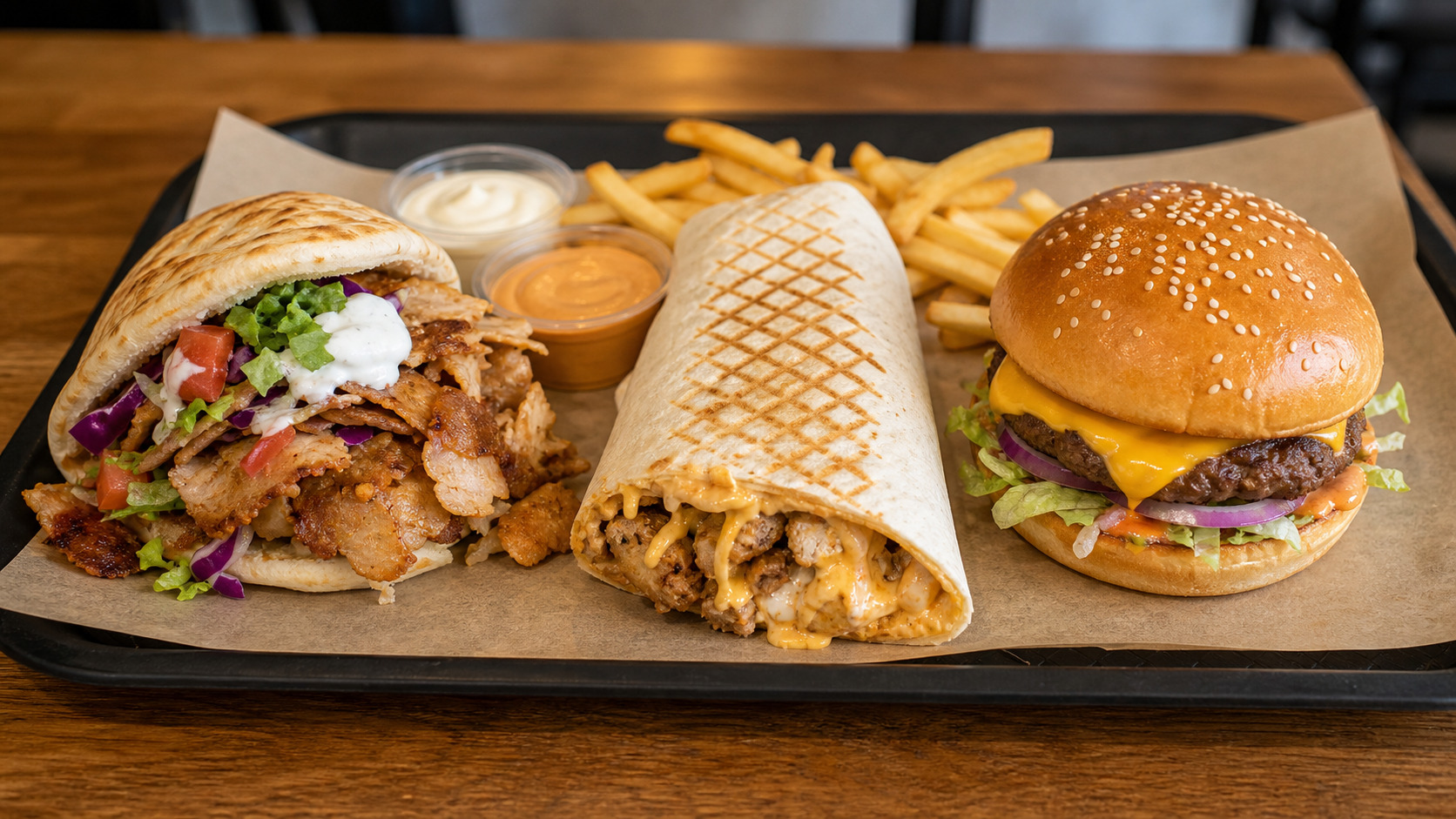 Kebab, tacos et burger servis côte à côte sur un plateau