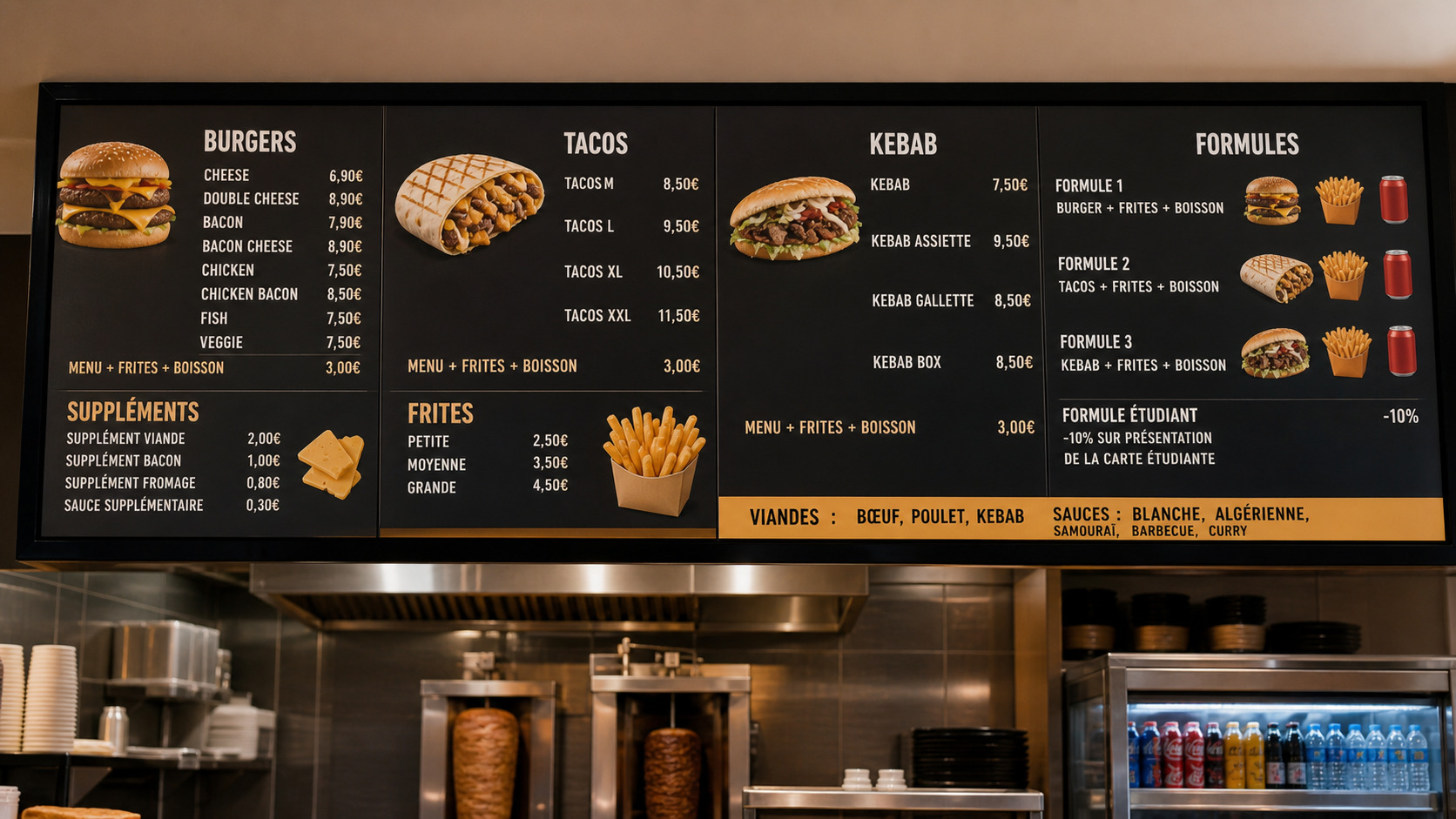 Menu mural de fast-food avec prix, suppléments et formules