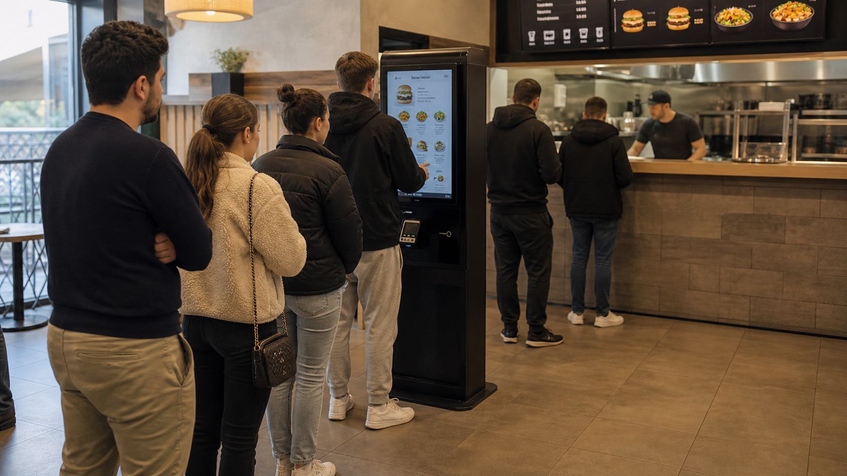 File d'attente devant une borne de commande dans un fast-food