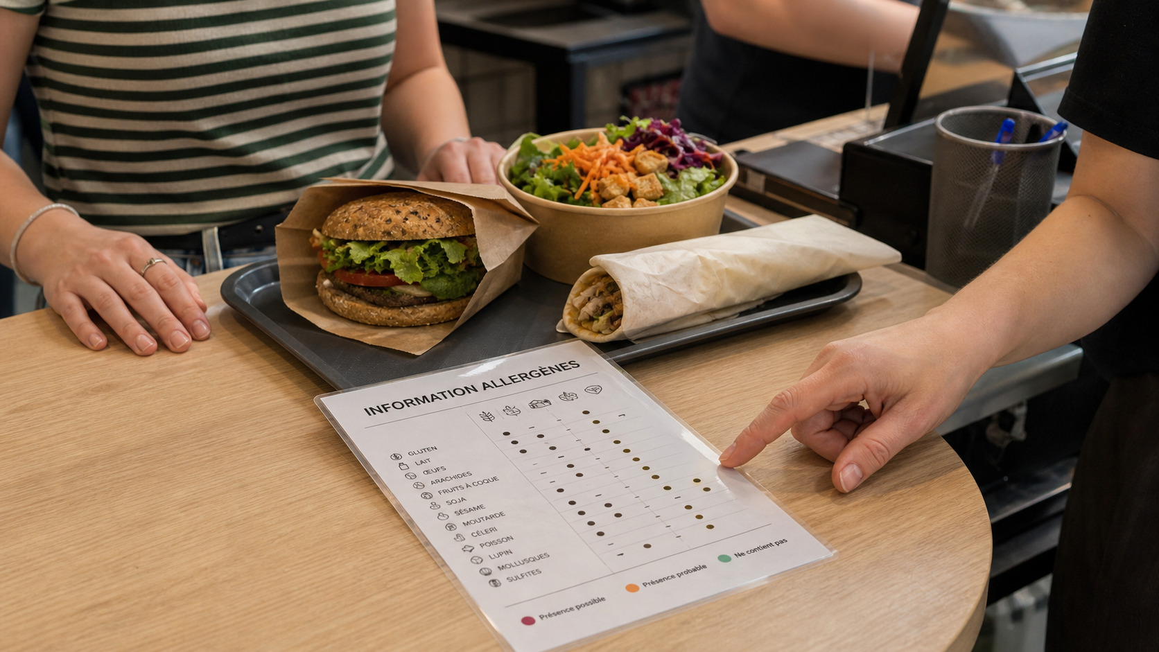 Commande végétarienne et fiche allergènes consultées au comptoir