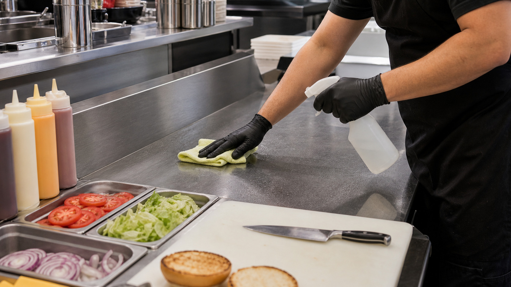 Plan de travail de restauration rapide nettoyé entre deux préparations