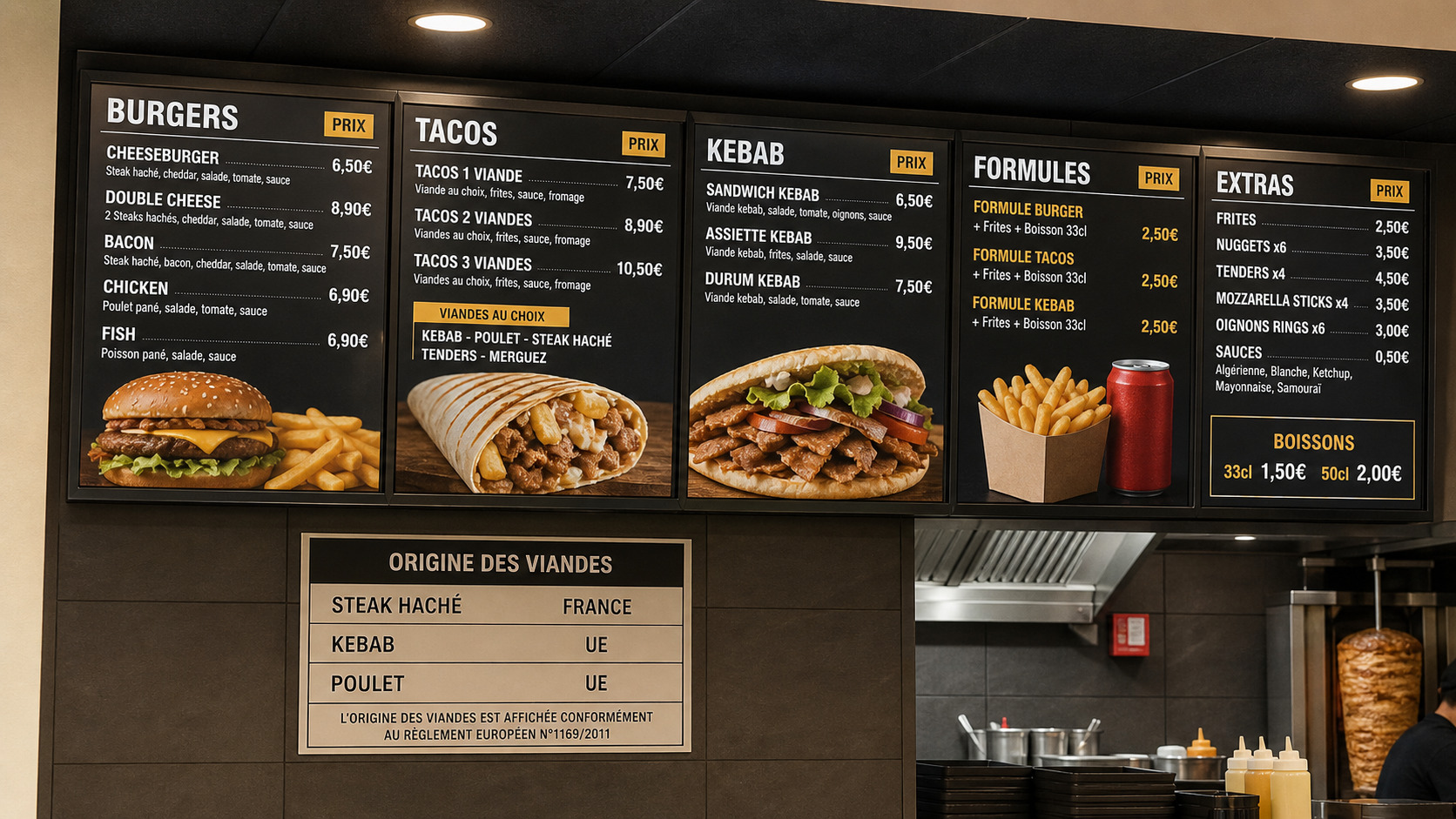 Affichage des prix et origine des viandes sur un menu de restauration rapide